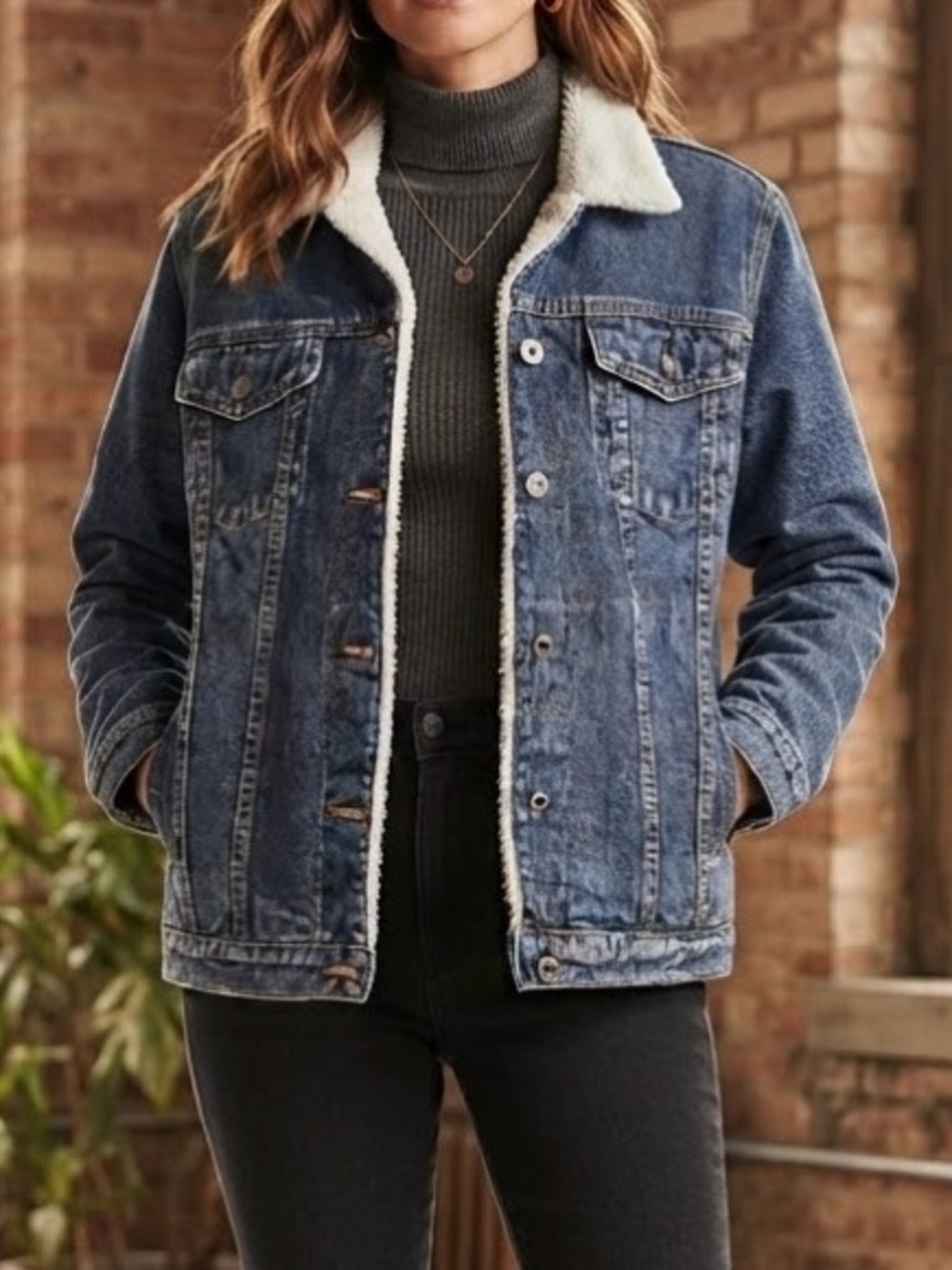 NWOT Blue Denim Sherpa-Lined Jacket with Cream Collar